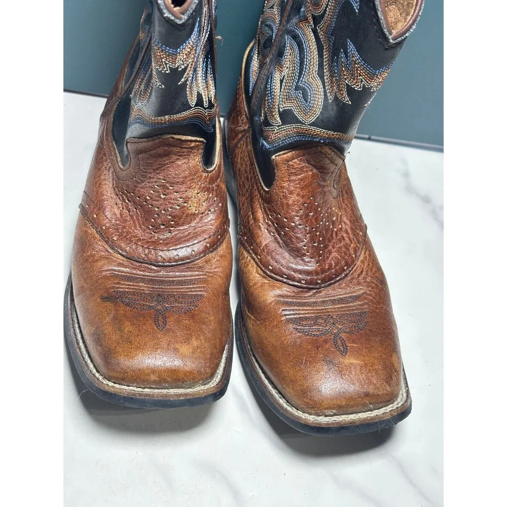 Justin Boots Kids 2D Brown Black Leather Square Toe Western Cowboy Boots 7010Y
